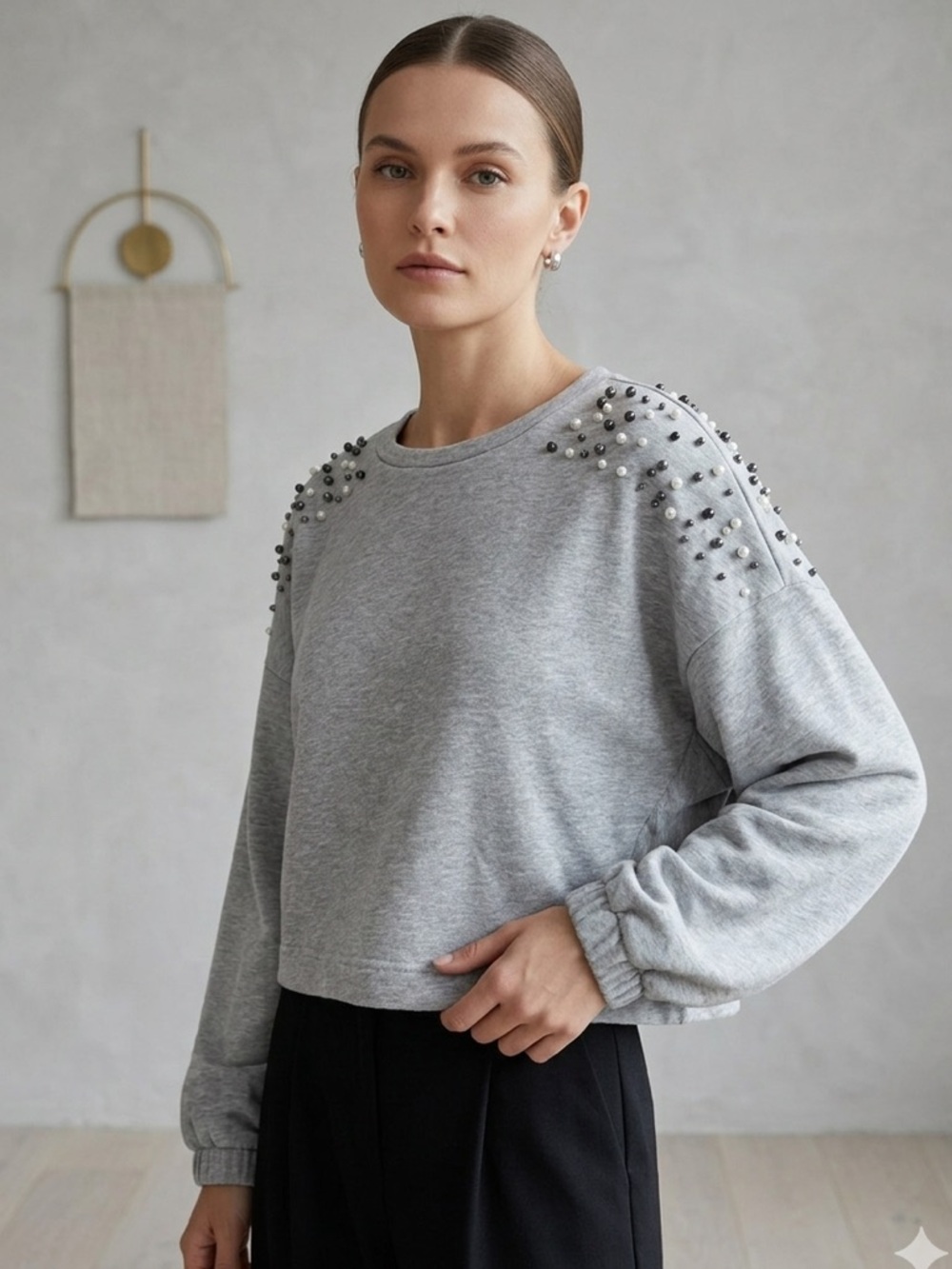 14th & Union Embellished Pearl Sweatshirt Gray Crop Batwing Sleeve Medium M